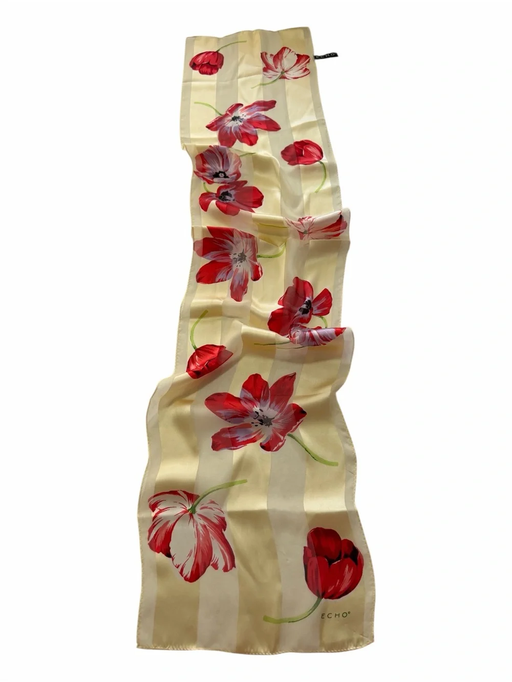 Vintage ECHO Cream Floral Oblong Silk Scarf Red White Tulip Classic Lightweight